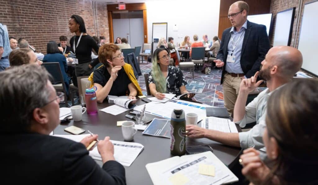 Sam Fawcett talks to a group at the Carbon to Sea workshop